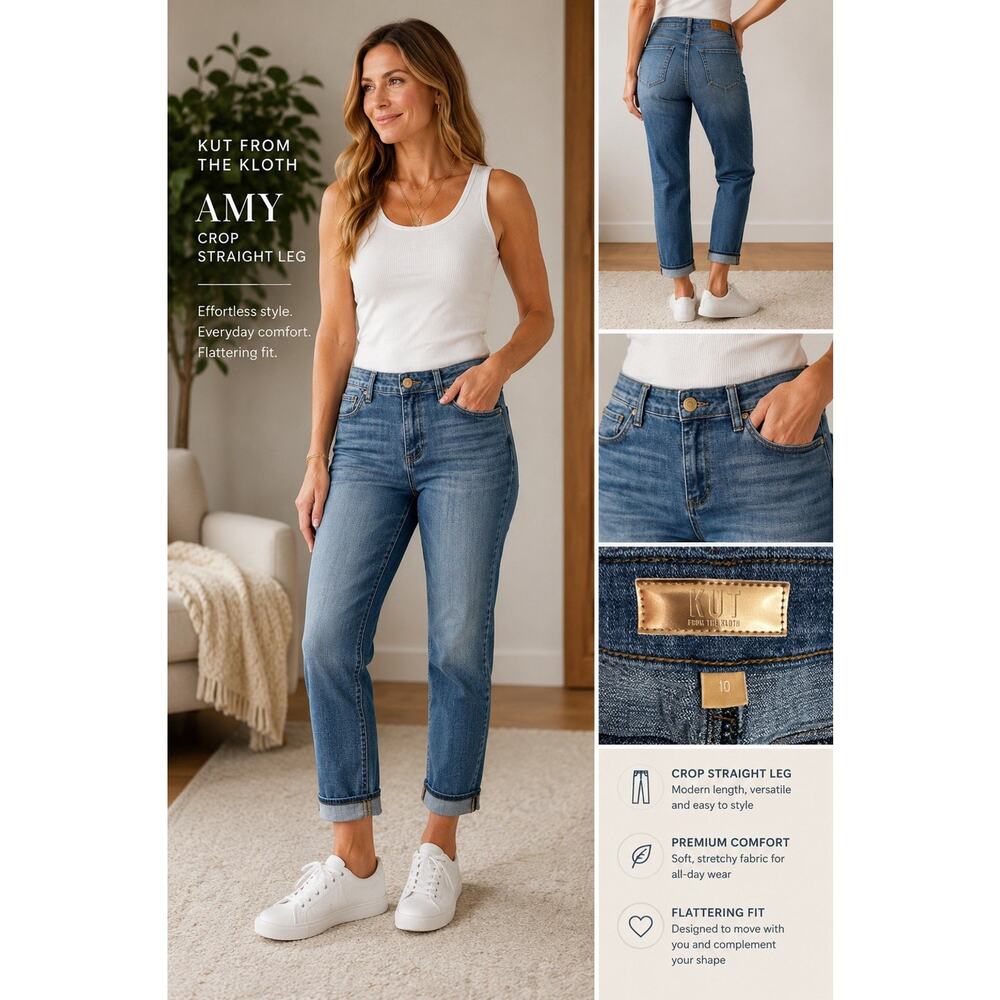 Kut From The Kloth Amy Crop Straight Leg Jeans Womens Size 8 Cuffed Dark Wash